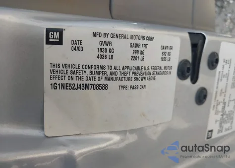 2003 Chevrolet Malibu Ls z USA, uszkodzony, nr VIN 1G1NE52J43M708588